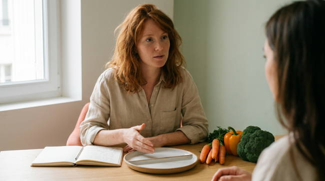 Conseillère en nutrition formée à l'ESSR expliquant un modèle d'assiette à une cliente dans son cabinet en Suisse romande