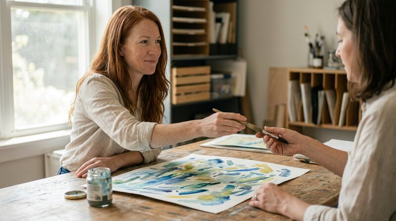 Art-thérapeute tendant un pinceau à un client en séance dans son cabinet en Suisse romande, socle APP de l'ESSR