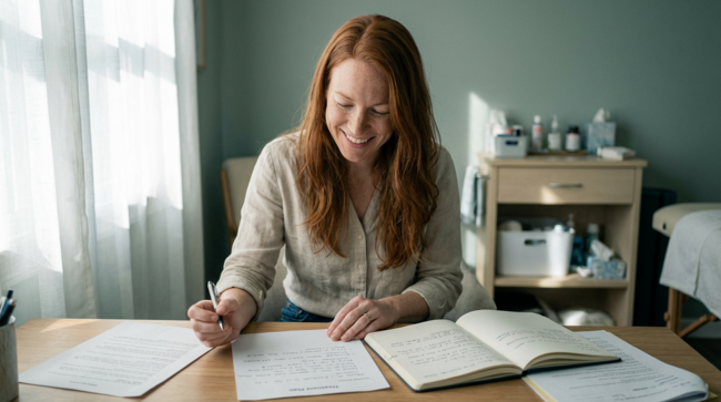 Thérapeute complémentaire formée à l'ESSR consultant un plan de traitement dans son cabinet en Suisse romande