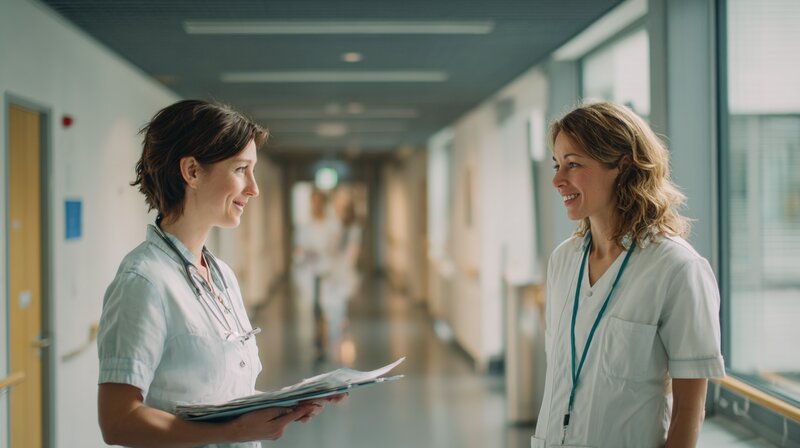 Secrétaire médicale en discussion avec une collègue infirmière dans un couloir d’hôpital en Suisse romande, échange sur les dossiers patients