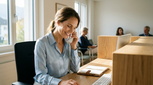Secrétaire médicale formée à l'ESSR confirmant un rendez-vous patient dans un cabinet médical en Suisse romande