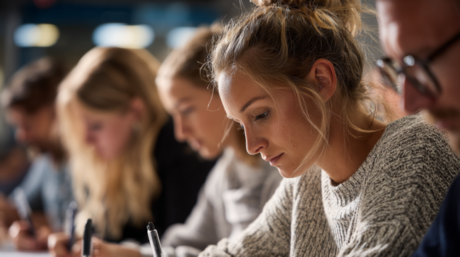 Groupe d'étudiants concentrés lors d’un cours de secrétariat médical dans une salle de formation