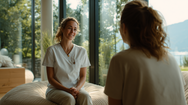 Une thérapeute souriante en blouse blanche discute avec une patiente dans un cabinet moderne lumineux avec vue sur la nature.