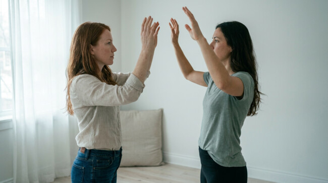 Thérapeute reproduisant en miroir le mouvement d'un client en séance de danse-thérapie en Suisse romande (ESSR, APP)