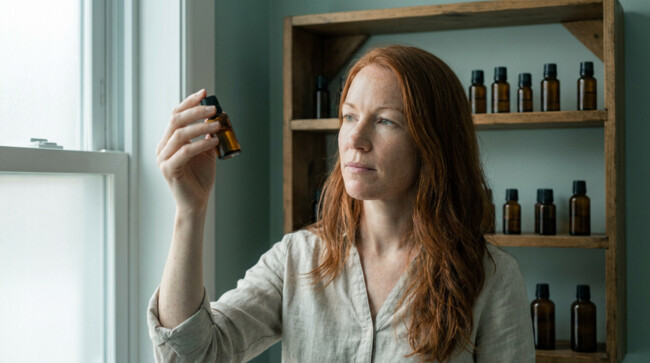 Thérapeute formée à l’anatomie-physiologie à l’ESSR choisissant une huile essentielle dans son cabinet en Suisse romande
