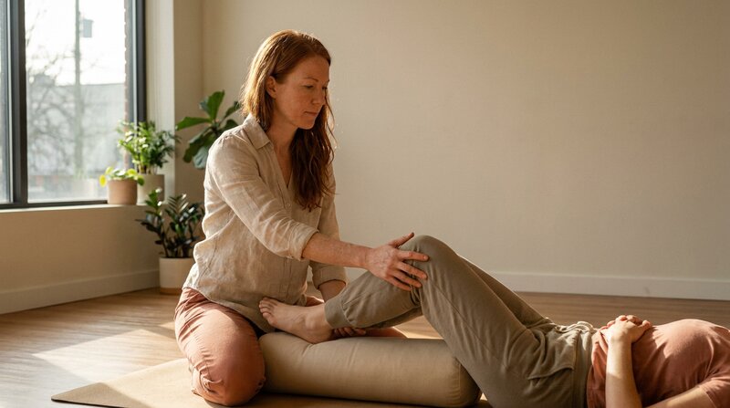 Yoga-thérapeute guidant un client en posture soutenue dans un cabinet en Suisse romande, socle médical APP de l'ESSR