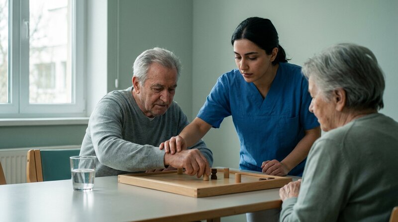 Auxiliaire de santé formée à l'ESSR animant un jeu avec des résidents âgés dans un EMS en Suisse romande