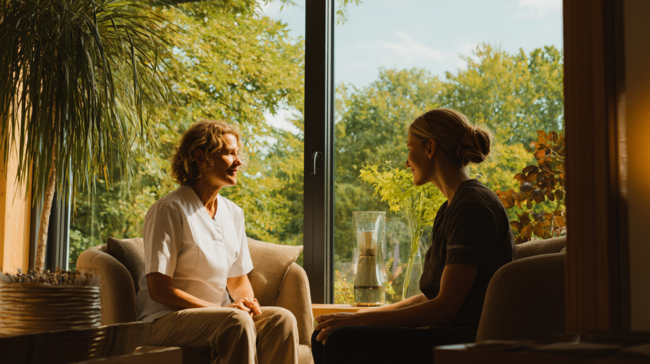 Deux thérapeutes en discussion dans un salon lumineux avec vue sur la nature verdoyante.