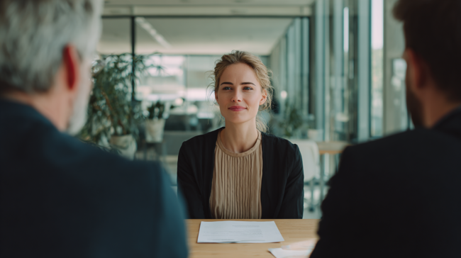 Candidate en entretien d’embauche pour un poste de secrétaire médicale en Suisse, discutant avec deux recruteurs.