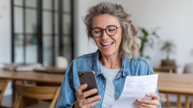 Femme souriante découvrant sur son smartphone l’approbation de son Chèque Annuel de Formation à domicile