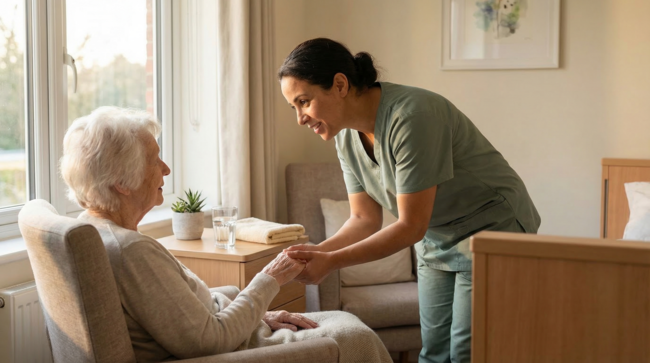 Auxiliaire de santé de l'ESSR tenant la main d'une résidente âgée dans un EMS de Suisse romande.