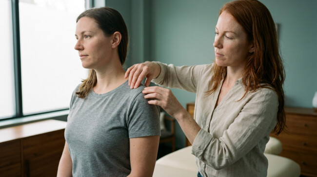 Thérapeute formée à l’anatomie, la physiologie et la pathologie à l’ESSR palpant l’épaule d’un client dans son cabinet en Suisse romande