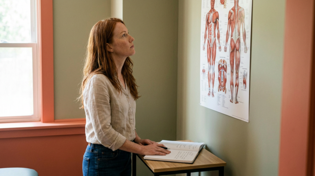 Thérapeute complémentaire formée à l'ESSR (APP) consultant une planche d'anatomie dans son cabinet en Suisse romande