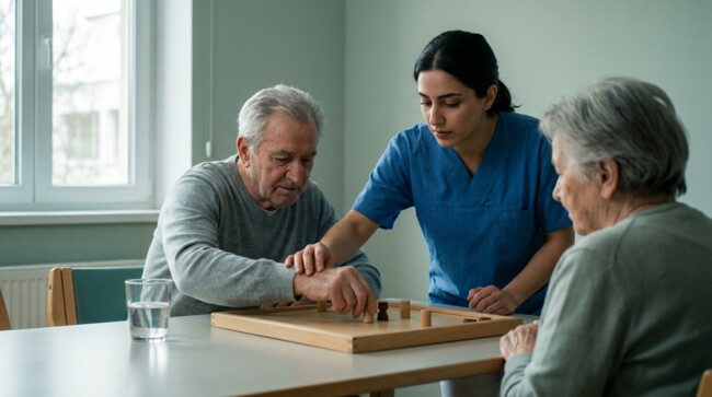 Auxiliaire de santé formée à l'ESSR animant un jeu avec des résidents âgés dans un EMS en Suisse romande