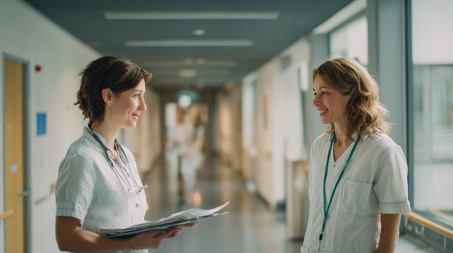 Secrétaire médicale en discussion avec une collègue infirmière dans un couloir d’hôpital en Suisse romande, échange sur les dossiers patients