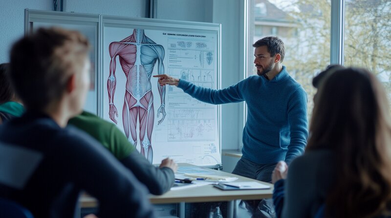 Formateur en anatomie expliquant la structure musculaire à des étudiants en thérapies complémentaires dans une salle de cours moderne en Suisse