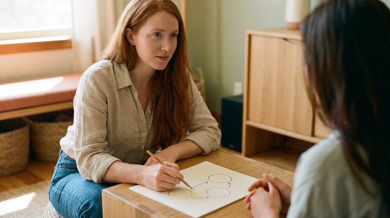 Thérapeute formée à l'ESSR (APP) dessinant un schéma hormonal pour une cliente dans son cabinet en Suisse romande
