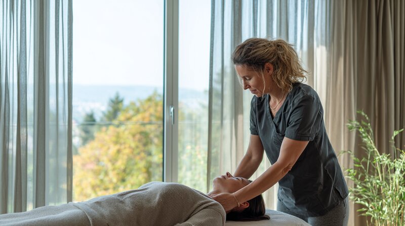 Femme en blouse de soins pratiquant un massage thérapeutique dans un cabinet lumineux avec vue sur la nature