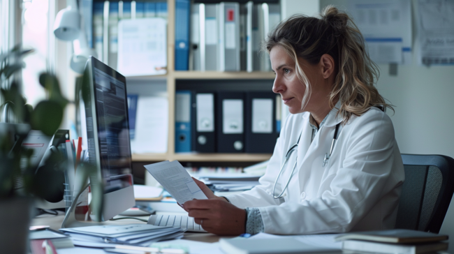Femme en blouse blanche, travaillant sur un ordinateur tout en lisant un dossier médical, dans un environnement de bureau moderne avec classeurs et documents