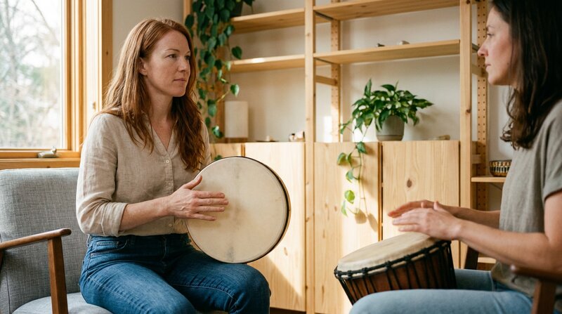 Thérapeute improvisant au tambour avec un client en cabinet en Suisse romande, guide ESSR musicothérapie et APP