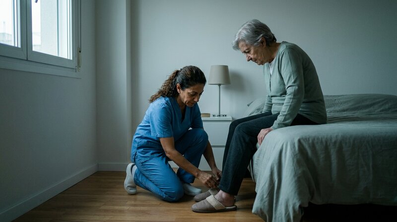 Auxiliaire de santé formée à l'ESSR aidant une personne âgée à se chausser à domicile, en Suisse romande