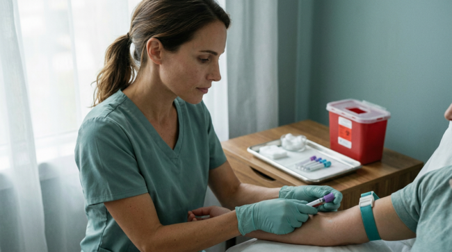 Professionnelle du cabinet formée à l'ESSR (FSM) réalisant une prise de sang en salle de soins d'un cabinet médical en Suisse romande