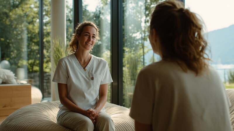 Une thérapeute souriante en blouse blanche discute avec une patiente dans un cabinet moderne lumineux avec vue sur la nature.