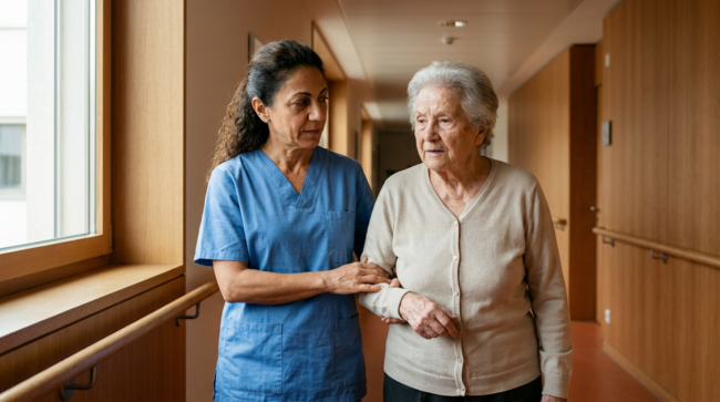 Auxiliaire de santé formée à l'ESSR accompagnant un résident âgé dans un EMS en Suisse romande.
