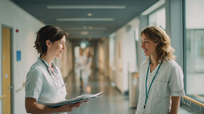 Secrétaire médicale en discussion avec une collègue infirmière dans un couloir d’hôpital en Suisse romande, échange sur les dossiers patients