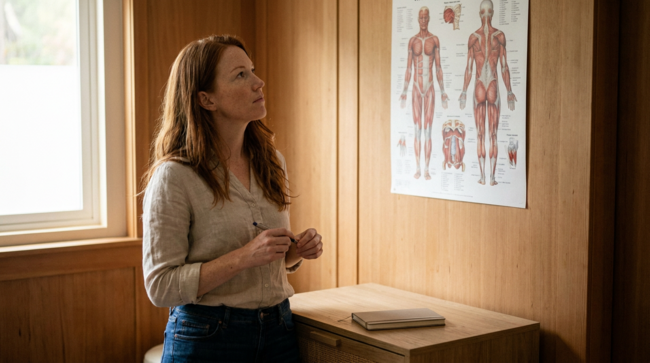 Thérapeute formée à l'ESSR consultant une planche d'anatomie dans son cabinet en Suisse romande (formation APP)
