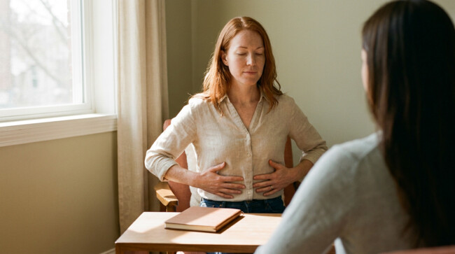 Thérapeute formée en Anatomie Physiologie à l'ESSR guidant un exercice respiratoire en cabinet, Suisse romande