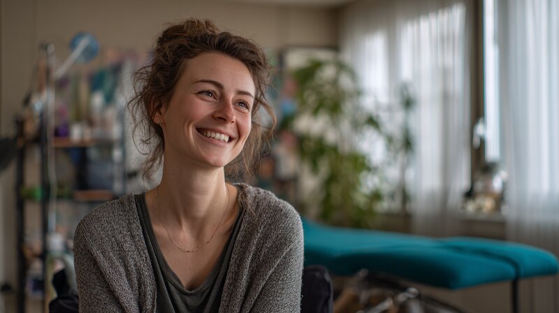 Jeune thérapeute souriante assise dans un cabinet lumineux, représentant la reconversion réussie vers une pratique indépendante en Suisse.