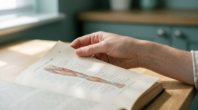 Thérapeute manuelle formée à l'ESSR consultant un livre d'anatomie du membre inférieur dans son cabinet en Suisse romande