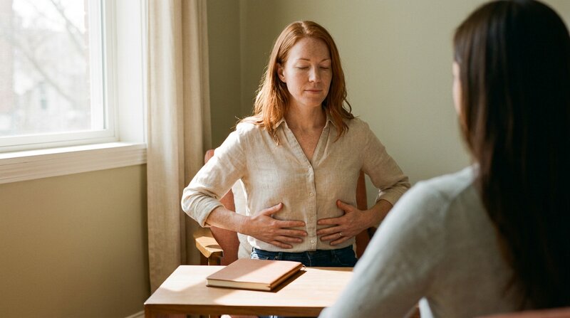 Thérapeute formée en Anatomie Physiologie à l'ESSR guidant un exercice respiratoire en cabinet, Suisse romande