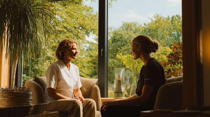 Deux thérapeutes en discussion dans un salon lumineux avec vue sur la nature verdoyante.