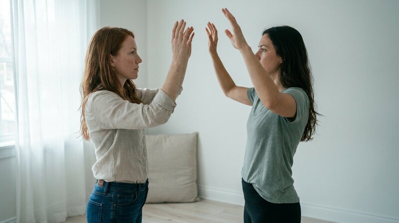 Thérapeute reproduisant en miroir le mouvement d'un client en séance de danse-thérapie en Suisse romande (ESSR, APP)