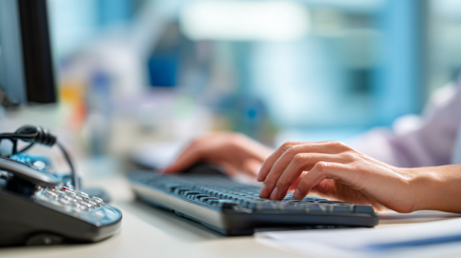 Mains d’une secrétaire médicale tapant un rapport sur un clavier d’ordinateur dans un bureau moderne, avec un téléphone fixe à proximité