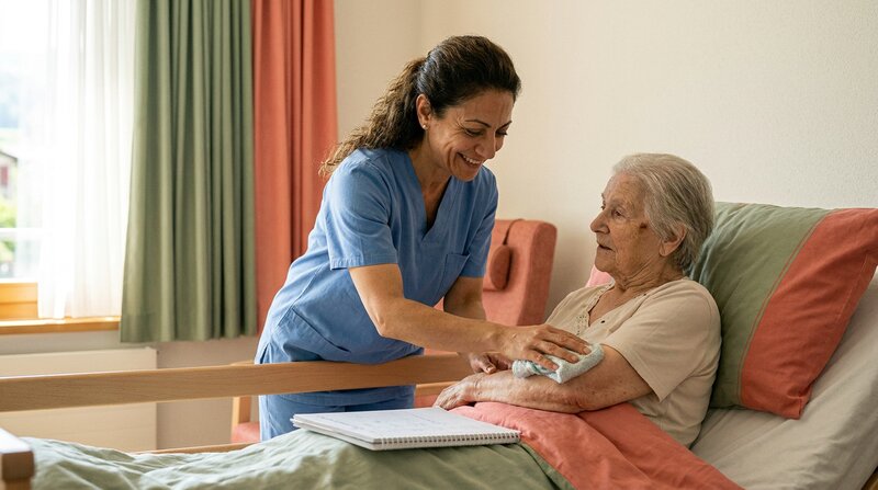 Auxiliaire de santé formée à l'ESSR aidant une résidente âgée lors des soins du matin dans un EMS en Suisse romande.